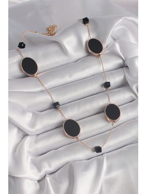 Pirinç Gold Renk Siyah Renk Oval Siyah Küp Detay Kadın Kolye - Lisinya