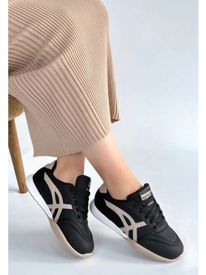 Zlay Siyah Cilt Bej Detaylı Bağcıklı Spor Ayakkabı