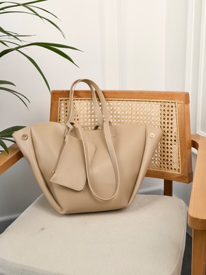 Rivina Vera Kadın Mıknatıs Kapaklı Cüzdan Detaylı Geniş Kapasiteli Tote El ve Omuz Çantası Vizon