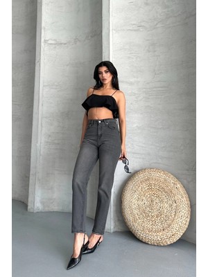 Mom Fit Enzim Taş Yıkama Jeans Pantolon Füme D2006