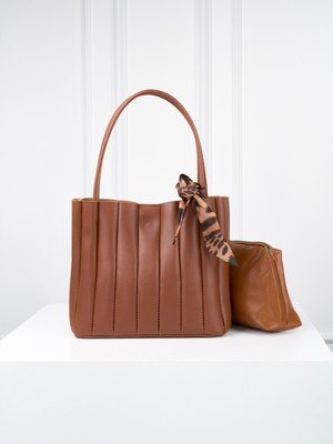 Rivina Elit Kadın Plise Makyaj Çantalı Fular Hediyeli El ve Omuz Çantası Taba