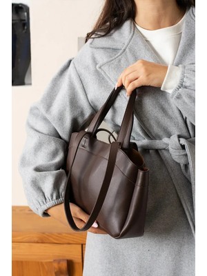 Rivina Mıknatıs Kapaklı Cüzdan Detaylı Kadın El Kol ve Omuz Çantası Kahverengi Üniversite