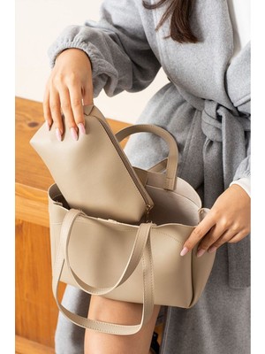 Rivina Mıknatıs Kapaklı Cüzdan Detaylı Kadın El Kol ve Omuz Çantası Krem Üniversite