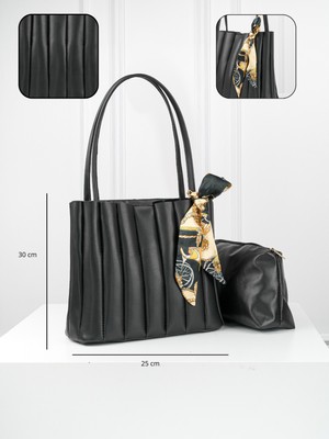 Rivina Elit Kadın Plise Makyaj Çantalı Fular Hediyeli El ve Omuz Çantası Siyah