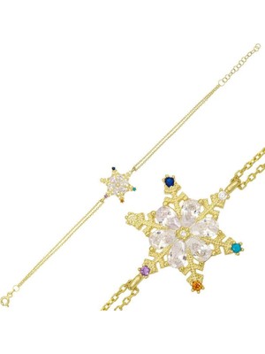 Özcömert Silver Gümüş Gold Renkli Taşlı Kar Tanesi Kadın Bileklik