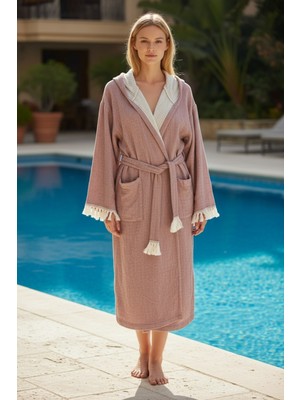 Morenelle Aura Müslin Unisex Bornoz Kapüşonlu Püsküllü Yumuşak Dokulu Banyo ve Plaj Bornozu Plaj/pareo/kimono