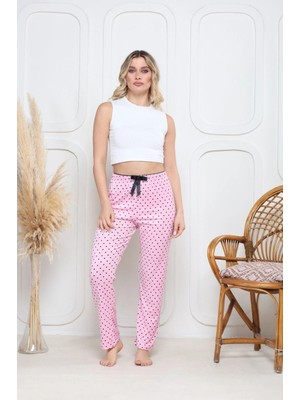 Kadife Pijama Altı Pembe Üzerine Siyah Pontiye Desenli Q7013