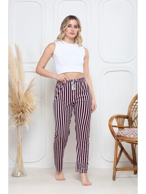 Kadife Pijama Altı Pembe Üstüne Siyah Çizgi Desenli Q7013
