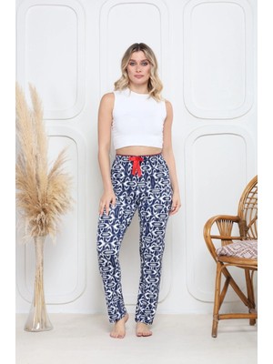 Viskon Likralı Alt Pijama Süzgülü Lacivert Baskı Desenli Q6018