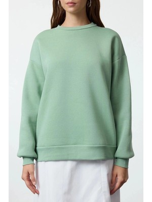3 Iplik Şardonlu Bisiklet Yaka Sweatshirt Mint