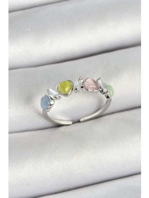 Shopwave Pirinç Sıralı Kalp Figürlü Zirkon Taşlı Gümüş Renk Ayarlanabilir Kadın Yüzük