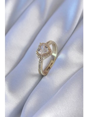 Shopwave Gold Renk Zirkon Taşlı Kalp Model Pirinç Charm Kadın Yüzük
