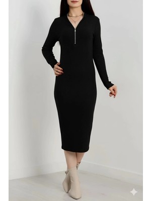 Fermuar Detaylı Fitilli Şardonlu Elbise Siyah A3178