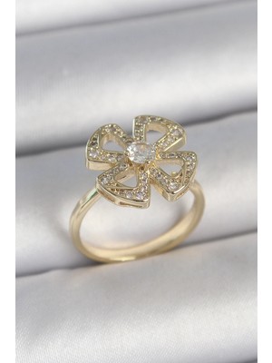 Shopwave Pirinç Gold Renk Zirkon Taşlı Yonca Model Ayarlanabilir Kadın Yüzük