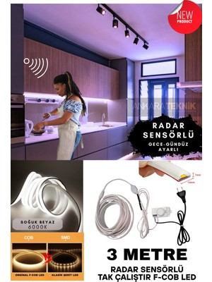 Ankara Teknik Sensörlü Beyaz Renk (6000K) F- Cob Neon LED / Yüksek Lümen/ Dolap Alcıpan Tavan LED / 3 Metre