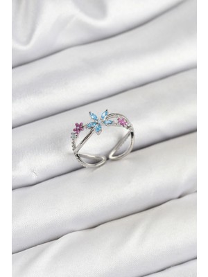 Shopwave Pirinç Gümüş Renk Zirkon Taşlı Mavi Çiçekli Kadın Yüzük