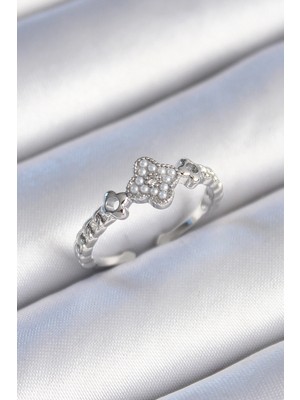 Shopwave Pirinç Gümüş Renk Incili Yonca Model Zirkon Taş Detaylı Kadın Yüzük