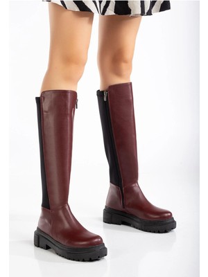 812-305 Bordo Arkası Streç Fermuarlı Günlük Kadın Çizme