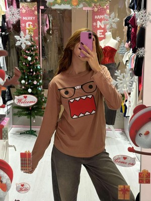 İsra Ayyıldız Moonstar Collection Domo Kunn Gözlüklü Oversize Uzun Kollu Y2K Kahverengi Bluz