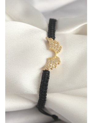 Shopwave Pirinç Gold Renk Zirkon Taşlı Kanat Figür Asansörlü Makrome Model Kadın Bileklik