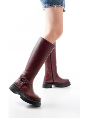 236-3021 Bordo Fermuarlı Günlük Kadın Çizme