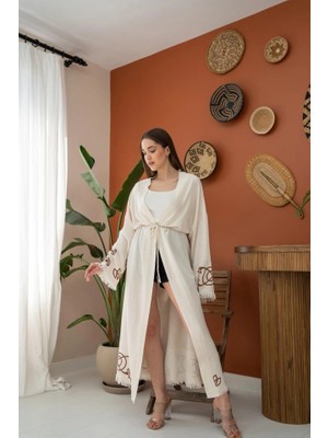 Kahverengi Baskı Detay Keten Hırka