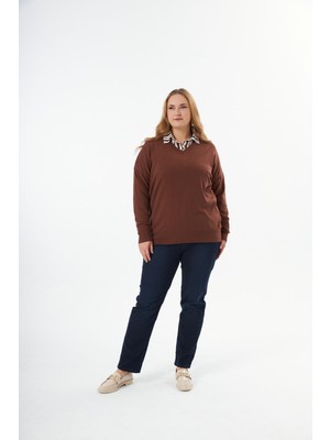 Rmg Büyük Beden Kaşmir Karışımlı Triko Kazak Kahve