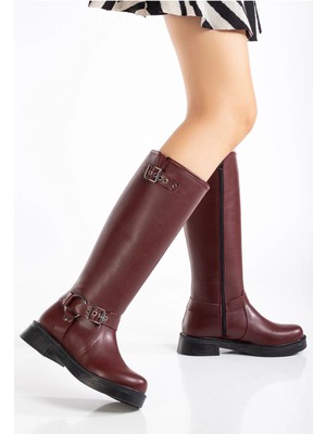 02-312 Bordo Toka Aksesuarlı Fermuarlı Günlük Kadın Çizme