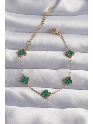 Shopwave 316L Çelik Baby Boy Gold Renk Çizgili Yeşil Mineli Yonca Bileklik