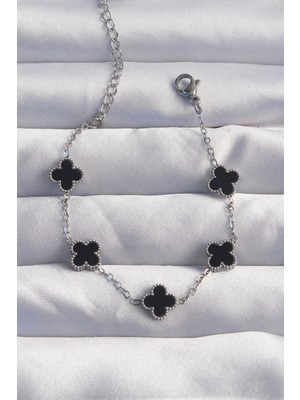 Shopwave 316L Çelik Baby Boy Gümüş Renk Siyah Mineli Yonca Bileklik