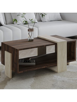 İnarch Dizayn Meleni Orta Sehpa – 90 cm Modern Tasarım – Raflı, Traverten / Ceviz