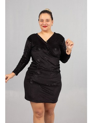 Truva Xxl Truva Büyük Beden Siyah Kruvaze Yaka Pullu Elbise Abiye Düğün İçin Şık Tasarım