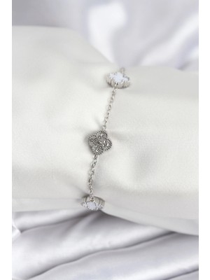 Shopwave 316L Çelik Gümüş Renk Beyaz ve Zirkon Taşlı Baby Boy Yonca Kadın Bileklik