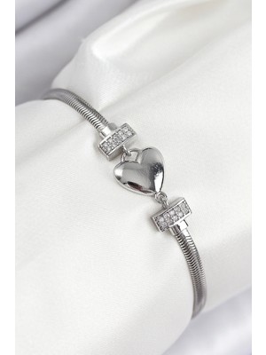 Shopwave Pirinç Zirkon Taşlı Kalp Model Gümüş Renk Kadın Bileklik