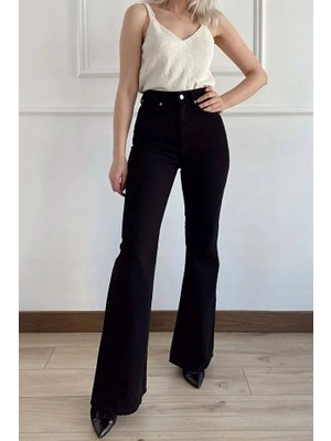 Flexifit Yüksek Bel Lacivert Kadın Ispanyol Paça Kot Pantolon – Esnek Denim Kumaş, Slim Üst Flare Alt Kalıp, Retro Modern Fit Jean