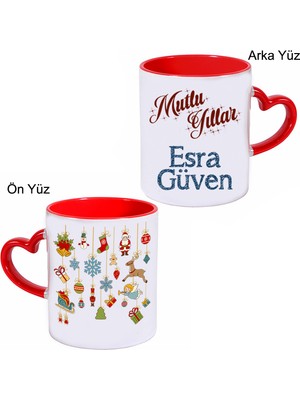 Biresimden Mutlu Yıllar Temalı Yılbaşı Hediyesi Kalp Kulplu Isimli Kupa Bardak