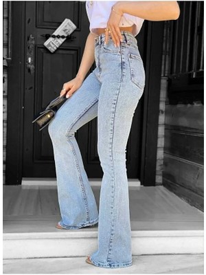 Flexifit Yüksek Bel Lacivert Kadın Ispanyol Paça Kot Pantolon – Esnek Denim Kumaş, Slim Üst Flare Alt Kalıp, Retro Modern Fit Jean