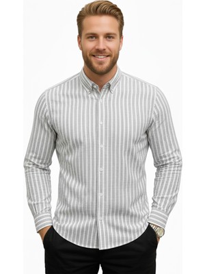 Deepsea Erkek Gri Çizgili Gofre Kumaş Dar Kesim Gömlek – Şık, Modern ve Rahat Gömlek 2501317