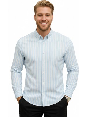 Deepsea Erkek Mavi Çizgili Gofre Kumaş Dar Kesim Gömlek – Şık, Modern ve Rahat Gömlek 2501317