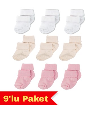 Novibaby 9'lu Bambu Yenidoğan Bebek Çorap, Kız Erkek Çocuk Çorabı, Beyaz Ekru Pembe Çok Renkli