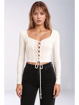 Mamayaga Kadın Yuvarlak Yaka Önden Bağcıklı Uzun Kol Fitilli Crop Boy Spor Şık Bluz