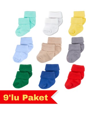 Novibaby 9'lu Bambu Yenidoğan Bebek Çorap, Kız Erkek Çocuk Çorabı, Beyaz Ekru Pembe Çok Renkli