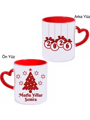 Biresimden Isimli Yılbaşı Hediyesi Kalp Kulplu Mutlu Yıllar Kupa Bardak
