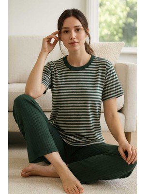 Tenra Kadın Pijama Takımı Kısa Kollu %100 Pamuk Yeşil Çizgili