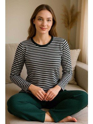 Tenra Kadın Pijama Takımı %100 Pamuk Yeşil Çizgili