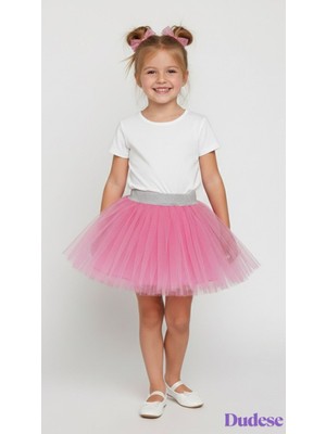 Dudese Kız Çocuk Simli Pembe Tütü Etek Simli Gümüş Bel Detaylı