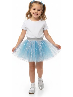 Dudese Kız Çocuk Işıltılı Kalp Desenli Mavi Tütü Etek Simli Gümüş Bel Detaylı