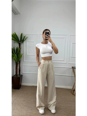 Flexifit Bel Lastik Detaylı Yüksek Bel Kadın Palazzo Pantolon – Dökümlü, Rahat Kesim, Geniş Paça, Günlük ve Ofis Kullanımına Uygun Esnek Kumaş