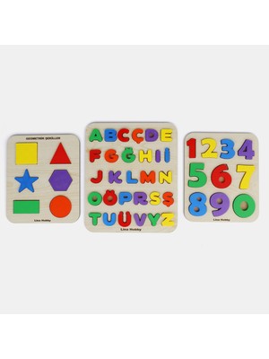 Ahşap Eğitici Puzzle Seti – Türkçe Alfabe + Sayılar + Geometrik Şekiller | Montessori Öğretici Set