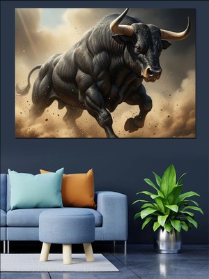 Tablo Mega Kızgın Siyah Boğa Saldırısı Dekoratif Kanvas - Mdf Ahşap Tablo